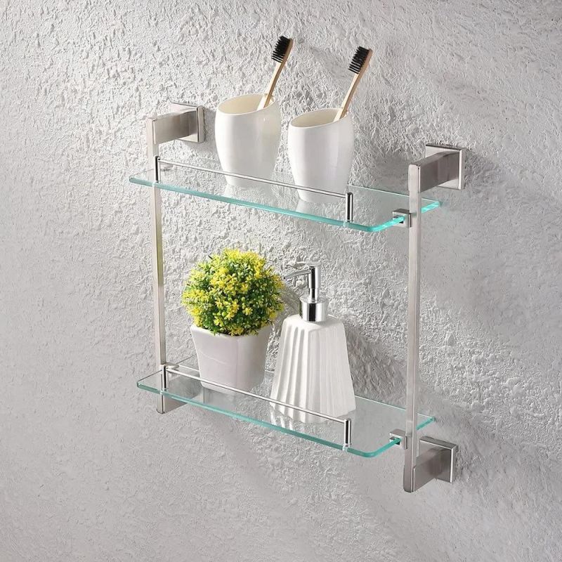 Tempered Glass Bathroom Shelf Wall Mounted Double Towel Rack