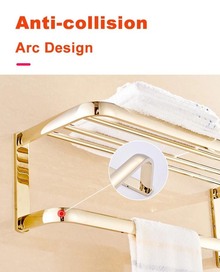Elegant Wall Mounted Bath Hotel Bathroom Polishing Gold Plating Brass Towel Rack