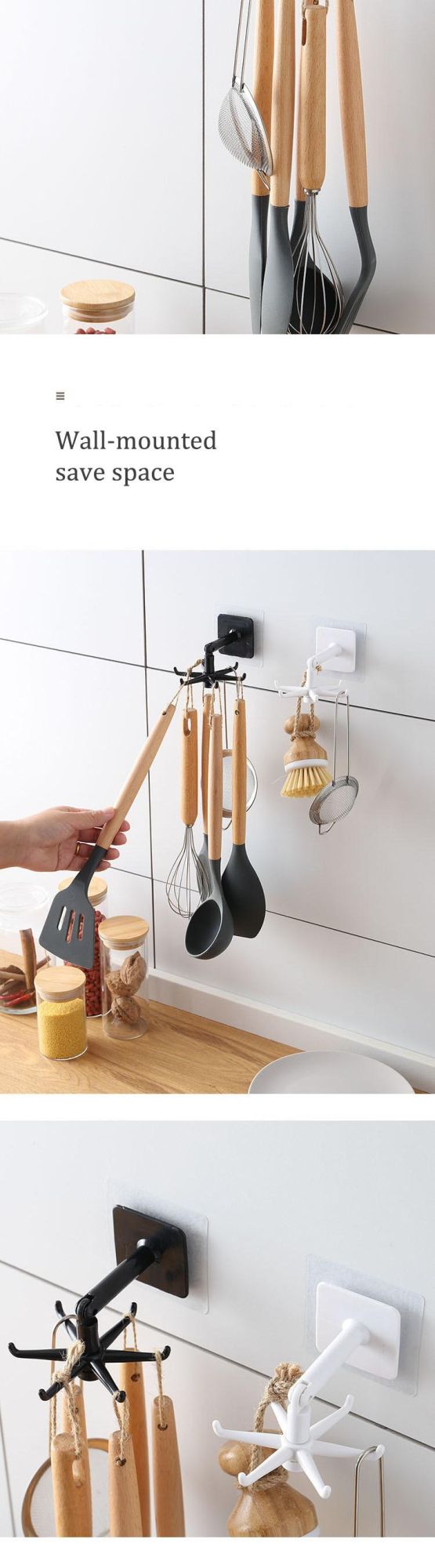 Wall Hooks Storage Self Adhesive Hanging 6 Head Spin Hooks