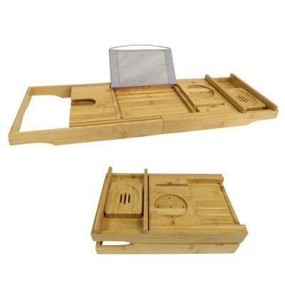 Foldable and Extendable Bamboo Bathtub Caddy with Waterproof Cloth Book Tablet Holder and Towel Tray