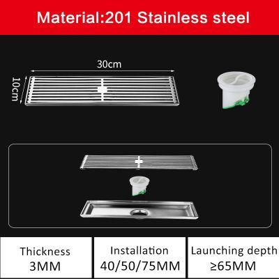 30*10cm Villa Bathroom DN50 201 Solid Stainless Steel Long Strip Floor Drain Toilet Shower Room Rectangular Odor Proof Floor Drain