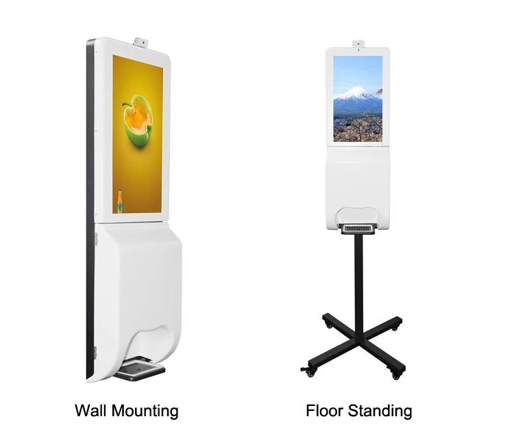 21.5 Inch Floor Standing Advertising Displays Automatic Hand Sanitizer Soap Dispenser Display Kiosk Optional Facial Recognition Temperature Scanner