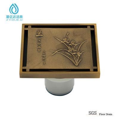 High Quality Bronze Square Bathroom Brass Floor Drain Orchids
