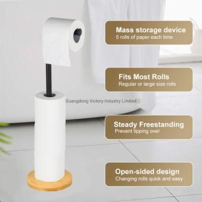 Bamboo Base Metal Freestanding Toilet Paper Roll Holder Stand