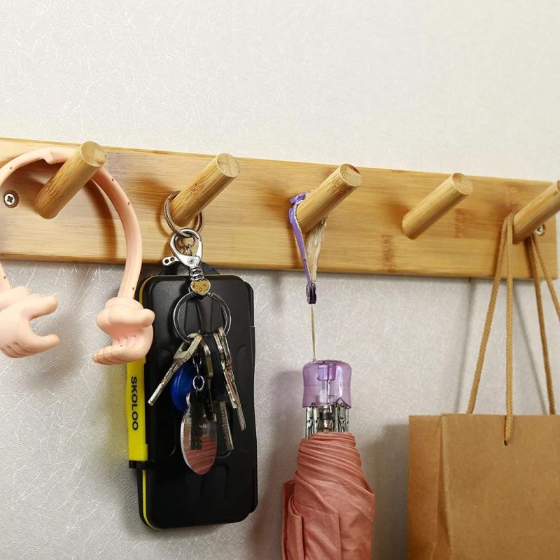 Wooden Wall Mounted Coat Rack, 16-Inches Hole to Hole, 5 Pegs Bamboo Hook for Hanging Clothes Robes Towels Hats, Natural