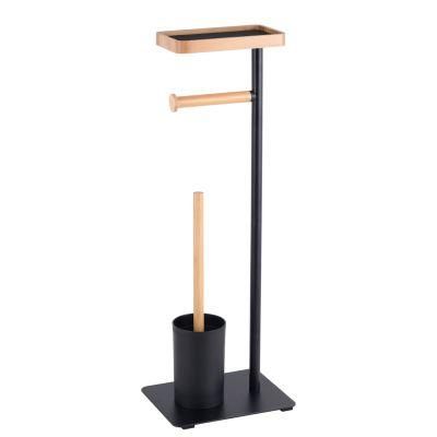 Bathroom Bamboo Metal Toilet Paper Holder Stand with Toilet Brush