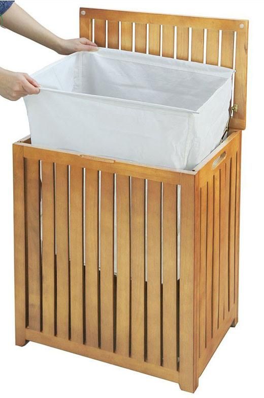 Rectangular Versatile Style Bamboo Laundry Hamper Rack with Canvas Bag and Metal Rods Inserts