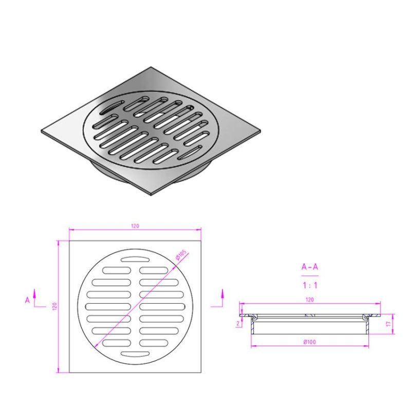 Stainless Steel Square Floor Drain Cleanout for Shower Drain CF-120