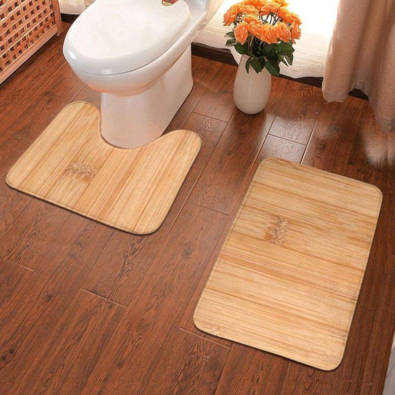 Bamboo Wood Bath Mat 2 Piece Set Bathroom Carpet Set Soft Bath Mat + Contour Pads, Absorbent Carpet Bath and Mat Anti-Slip Pads Set