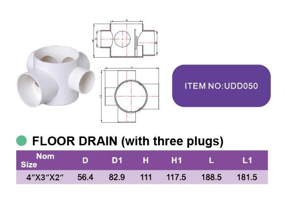 Era PVC/UPVC/Plastic/Non-Pressure Pipe Fitting Drainage Floor Drain with Three Plugs