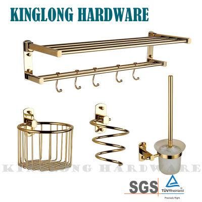 Stainless Steel Home Decoration Bathroom Furniture Hardware Fittings Hotel Shower Room Gold Tower Rack Set with Hook