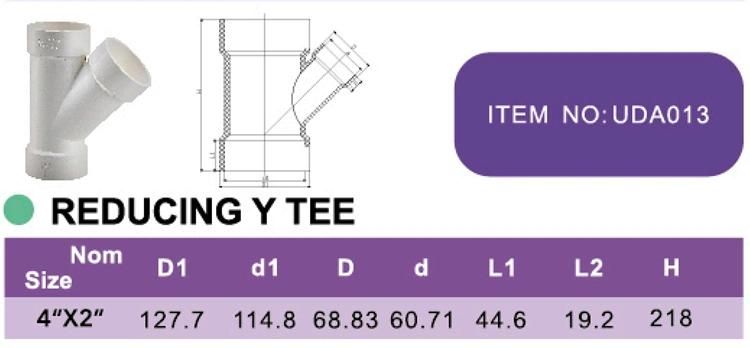 Era ASTM D2665 UPVC PVC Drainage Fittings Reducing Y Tee with NSF