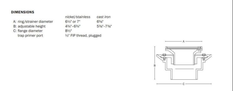 Nickel Bronze Ring& Strainer No-Hub Connection Floor Drain