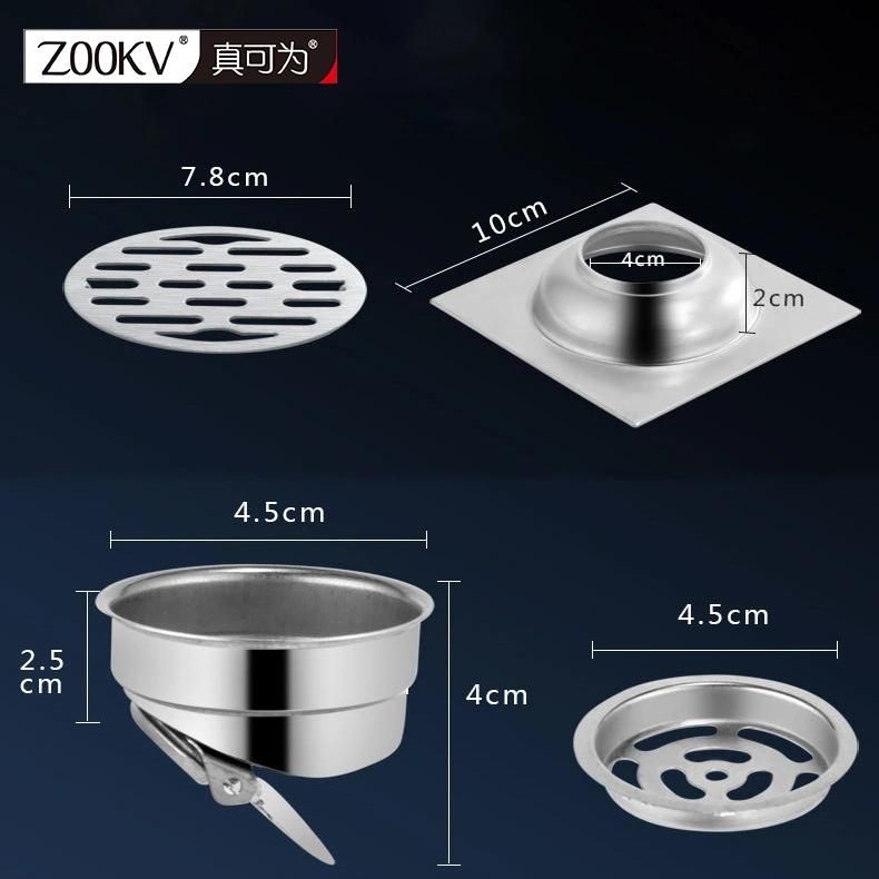 10 * 10cm 2mm Thick Self-Closing Deodorant Floor Drain DN50 Bathroom Square 304 & 201 Stainless Steel Floor Drain
