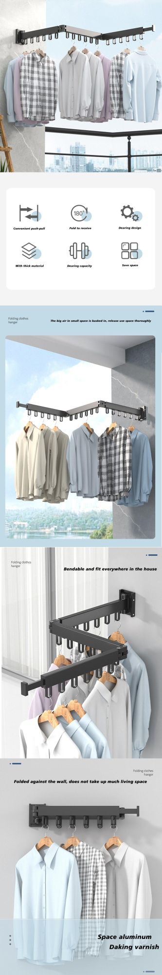 Folding Clothes Hanger Wall Mount Retractable Cloth Drying Rack Space Saving Aluminum Home Laundry Clothesline Washing Lines
