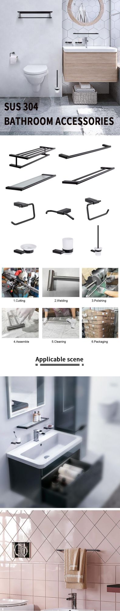 Wholesale Hotel Modern Wall Mounted Six Pieces Stainless Steel Matte Black Toilet Bathroom Accessories Set
