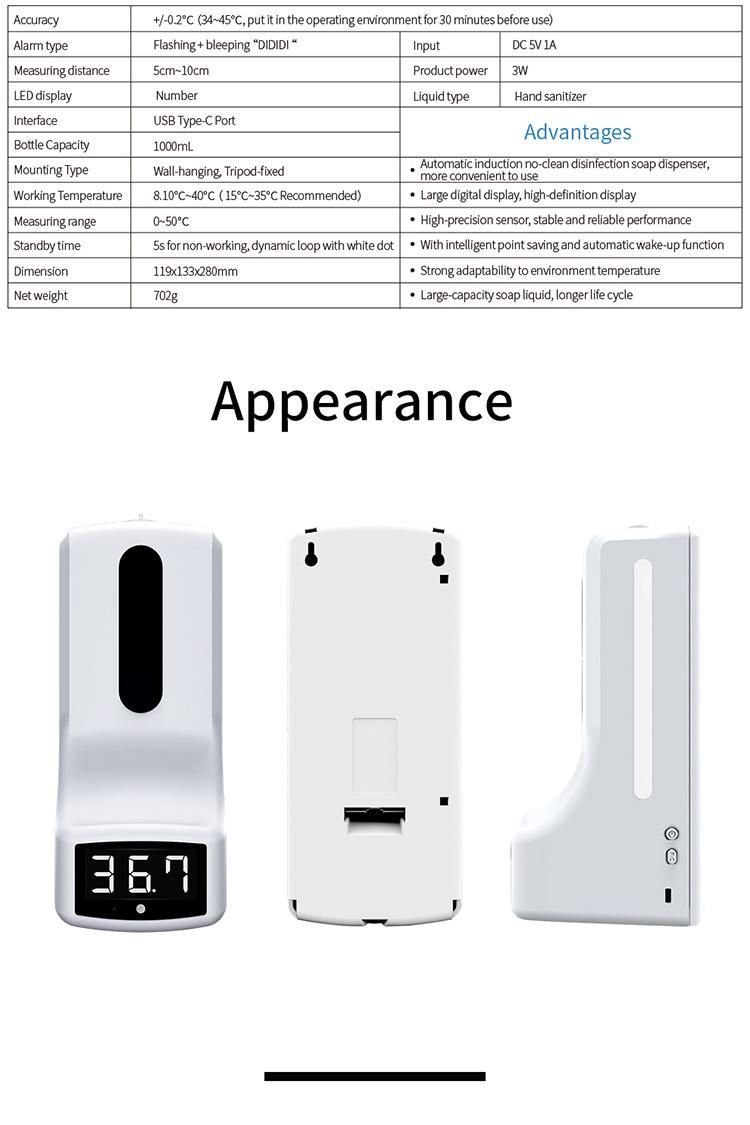 K9 Intelligent Sensor Temperature Automatic Hand Sanitizer Soap Dispenser with Thermometer