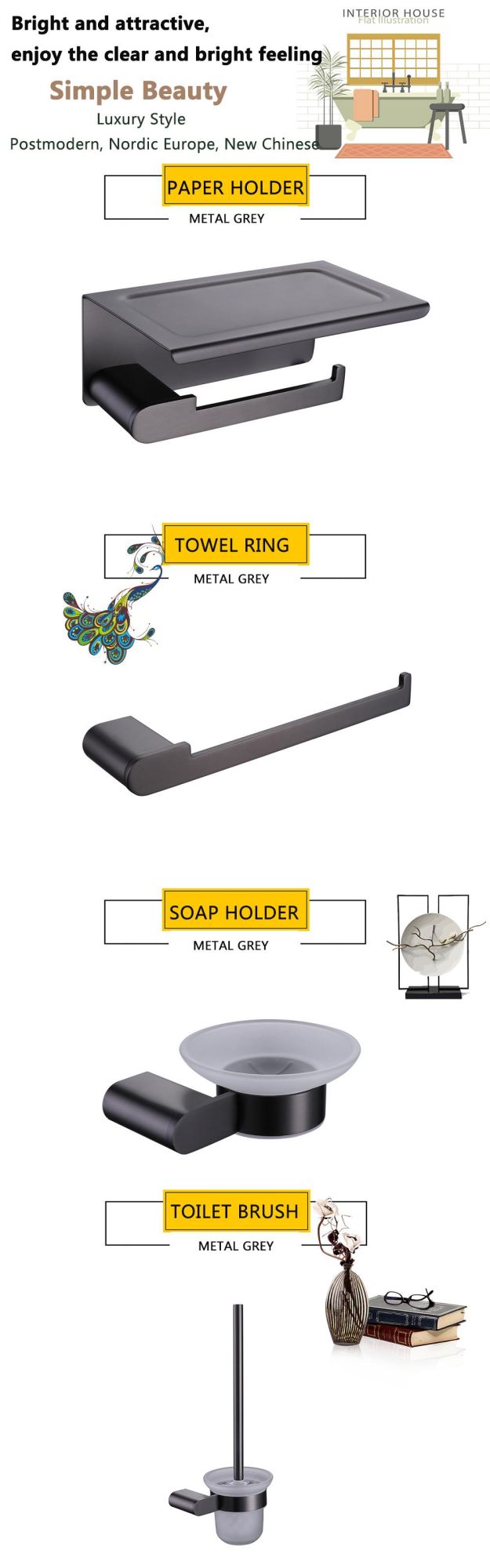 304 Stainless Steel Bathroom Set Metal Grey Bathroom Accesories Fittings Hardware