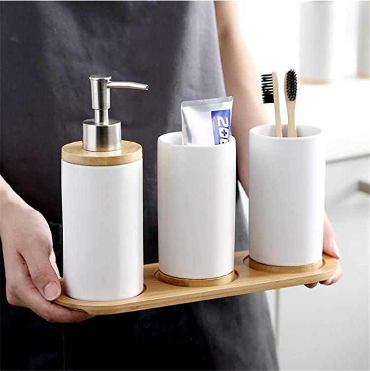 3-Piece Black White Natural Bamboo Bottom Ceramic Bathroom Accessories