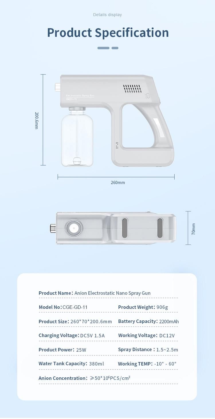 Wireless 380ml Nano Atomizer Electrostatic Spray Gun for Disinfection Spray Disinfection Gun