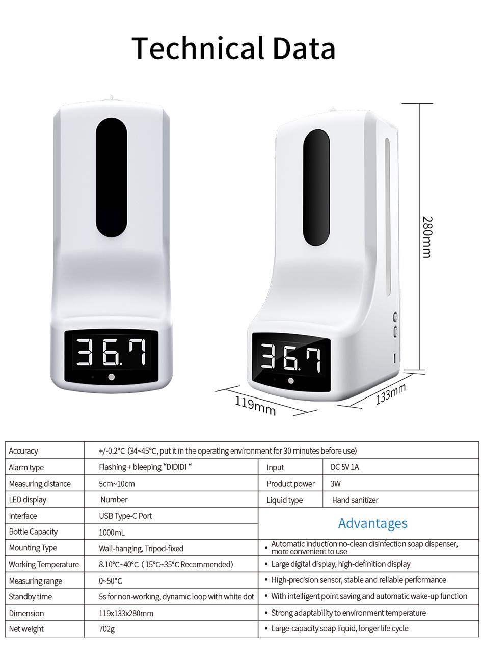 1000ml Capacity Automatic Body Temperature Gel Soap Hand Sanitizer Dispenser