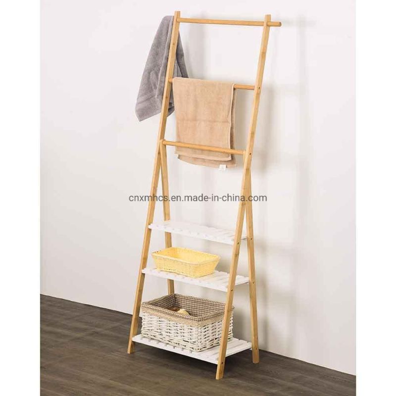 Wholesale Foldable Bamboo Free-Standing Towel Rack, Bathroom Shelf, Bamboo Blanket Ladder with 3 Shelves 3 Rails, Wooden Towel Holder