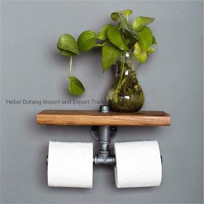 Cast Iron Pipe Industrial Toilet Paper Holder with Rustic Wooden Shelf