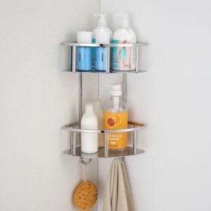 Double Shelf Stainless Steel Bathroom Corner Basket with Hooks (6611)