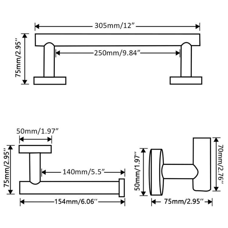 3 Pieces Stainless Steel Hardware Set Wall Mounted Rack 12"Bath Towel Bar Toilet Paper Holder Towel Robe Hook Towel Bars Bathroom Accessories Set