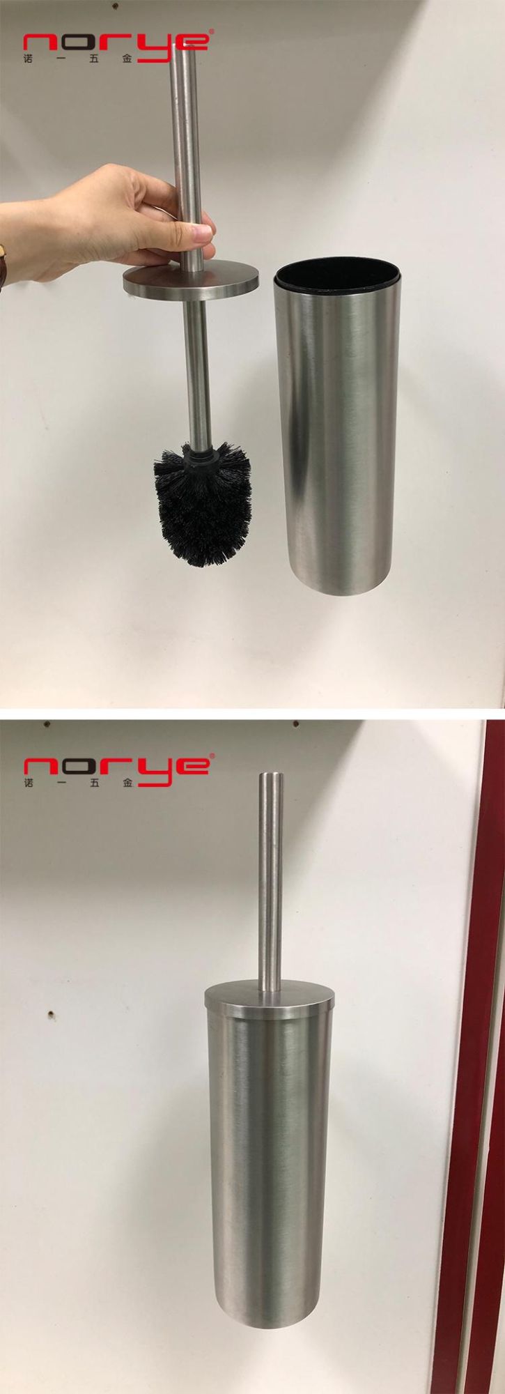 China Norye Factory 304 Stainless Steel Made Custom Bathroom Accessories Round Toilet Brush and Holder with Metal Handle