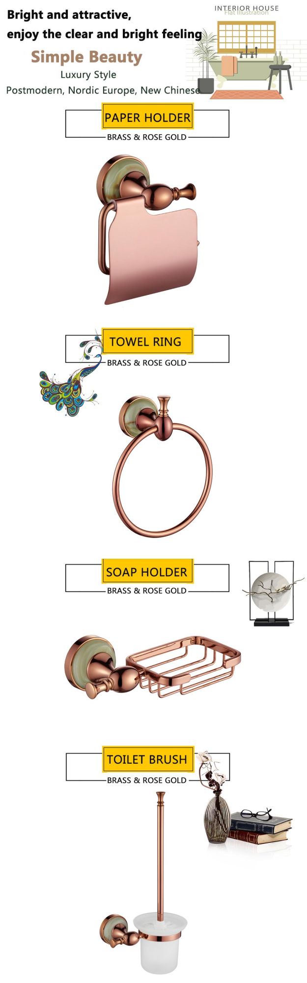 Luxury Rose Gold Robe Hook Towel Rack Accessories Set for Bathroom