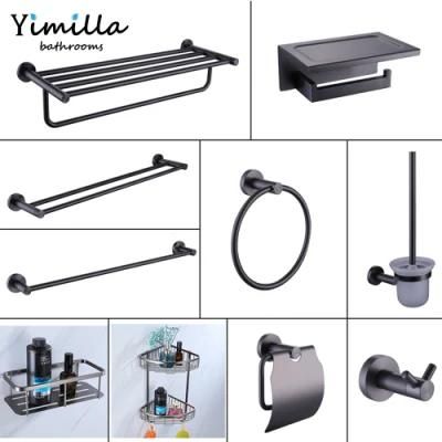 Hot Sale Hotel Home Metal Grey Bathroom Accessory Set Toilet Roll Holder Towel Bar Towel Ring Soap Holder