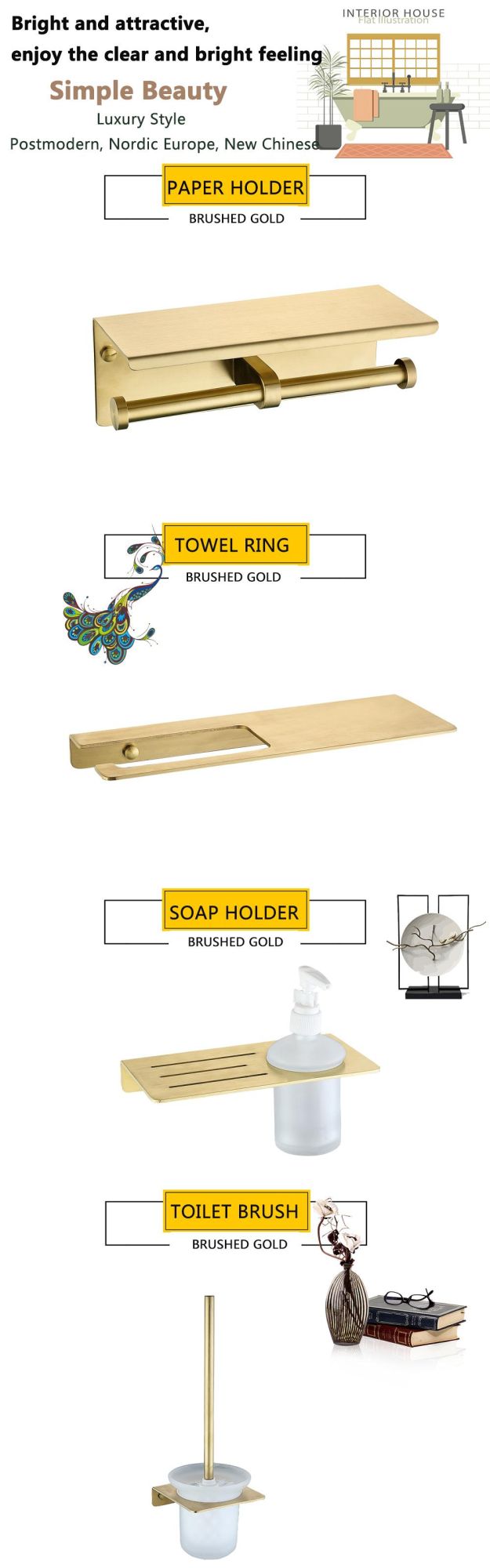 Luxury Bathroom Set Brushed Golden Accessories Bathroom Fittings