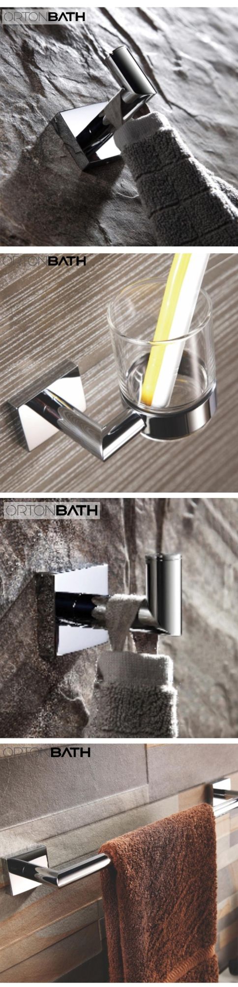 Modern Rectangular New Design Italy German Design Base Foot Stainless Steel Brass Luxurious Bathroom Accessories with Towel Bar Ring Tumbler Glass Shelf