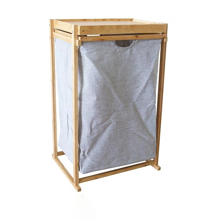 High Quality Hotel Wood Laundry Basket Hamper with Single Top Storage Tray and Non-Woven Bag