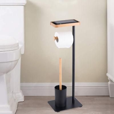 High Quality Bamboo Toilet Paper Holder with Toilet Brush Free Standing Wood