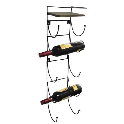 Wine Bottle Storage Organizer Rack Holder Wall Mounted Steel Metal Wine Rack with Wooden Top Shelf