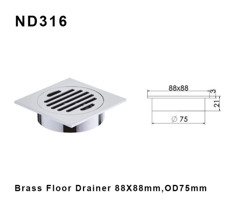 88X88mm Bathroom Square Chrome Plated Brass Floor Drain Strainer Sifon Siphone (ND316)