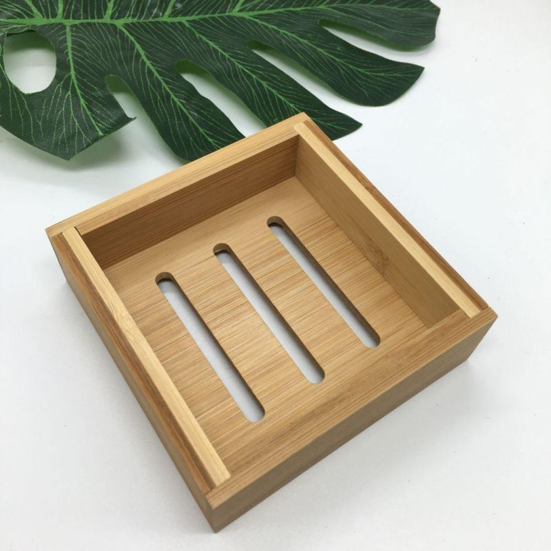 Custom Logo Natural Bamboo Soap Dish Box with Case Lid & Drain Holder