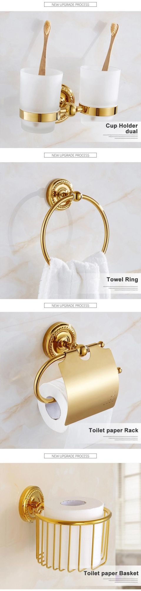 Polishing Gold Bathroom Wall Mounted Towel Shelf Holder Metal Towel Rack Set