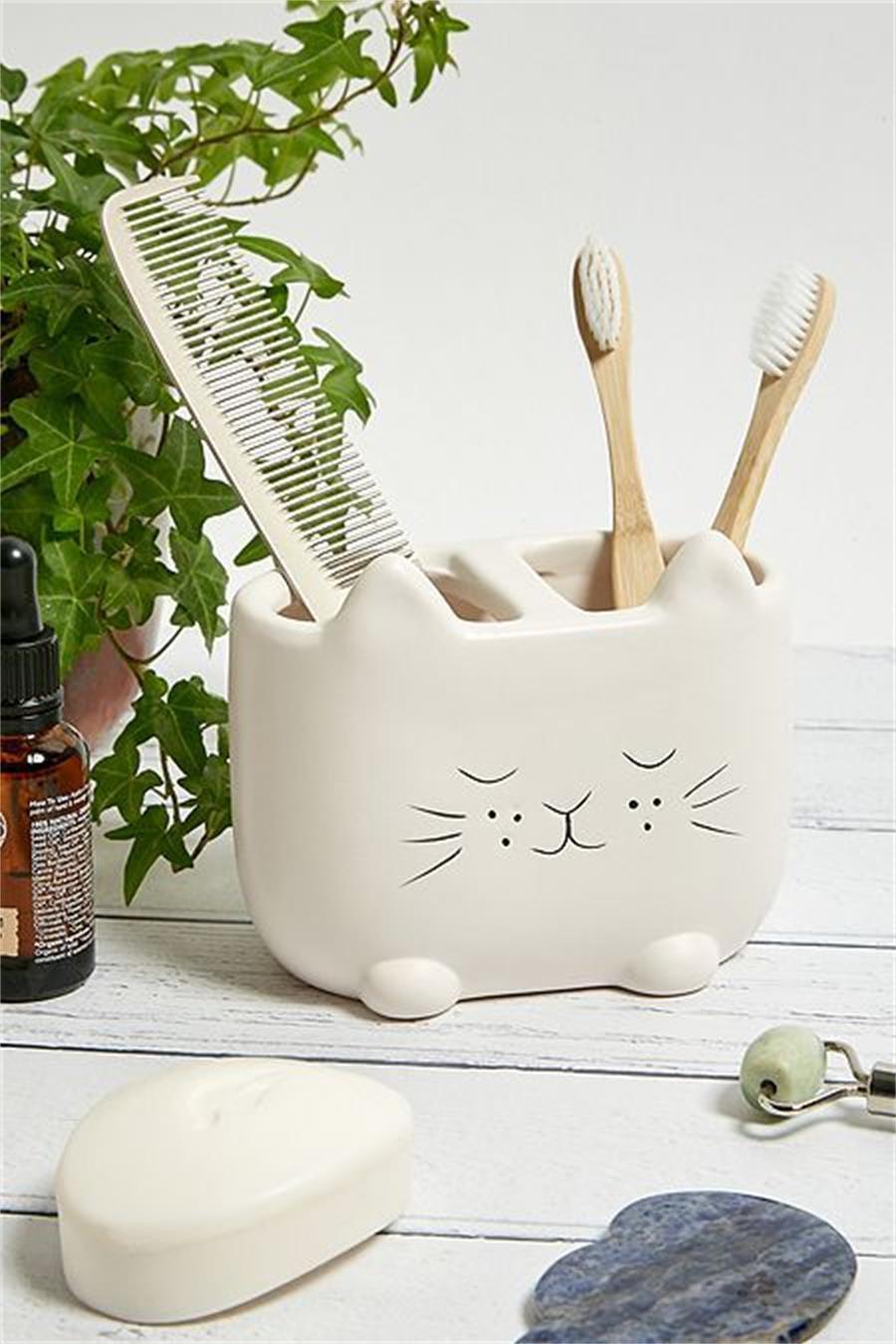 Cute Animal Cat Ceramic Soap Lotion Bottle Toothbrush Holder Bathroom Set