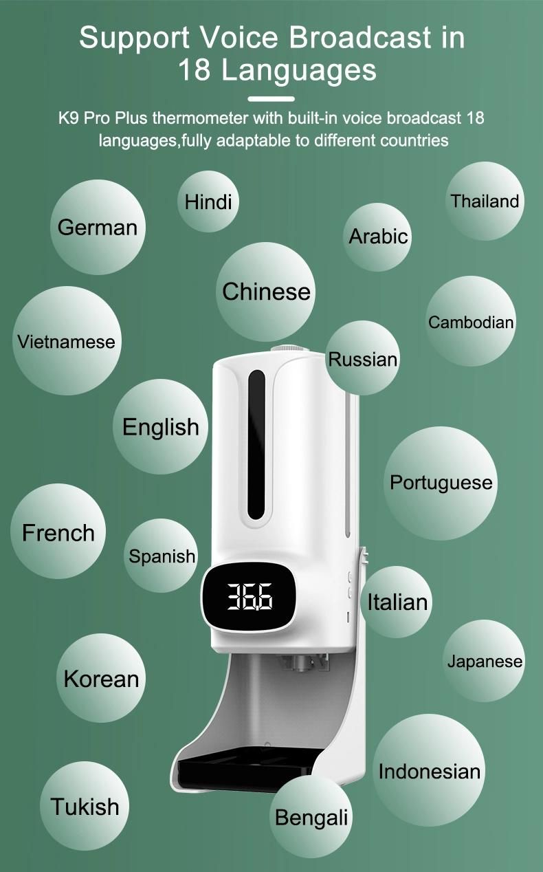 K9 PRO Plus Thermometer Dispenser Automatic Sensor Alcohol Soap Dispenser 1200ml Hand Sanitizer with 15/ 18 Languages