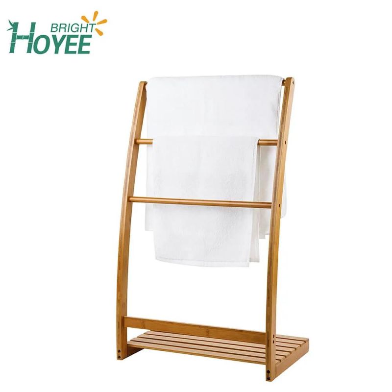 Freestanding Bamboo 3-Bar Towel Rack with Shelf Natural Durability Water Resistance