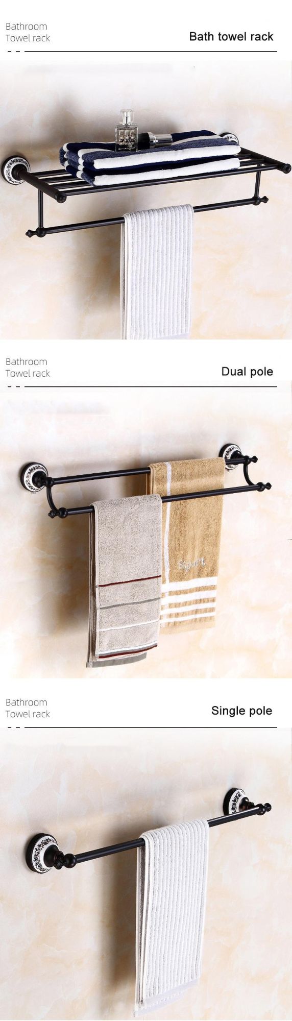 Antique Single Double Tiers Black Bath Wall Mounted Towel Bar