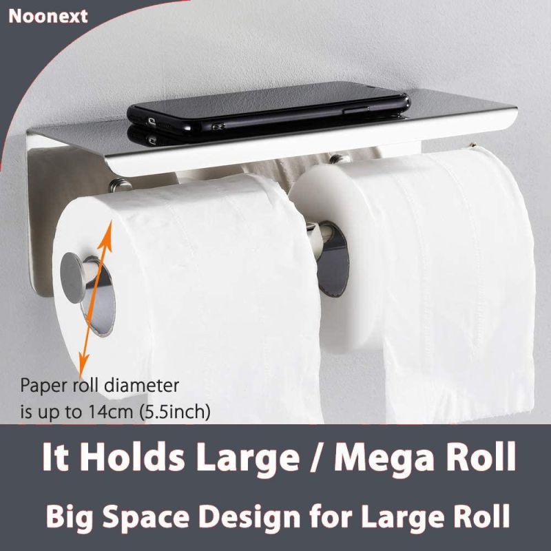 Double Toilet Paper Holder with Phone Shelf, Dual Roll Paper Dispenser with Shelf, Polished Chrome, Toilet Tissue Roll Holder with Rack, Adhesive No Drilling or