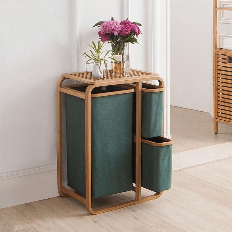 Home Decor 3 Bags Bamboo Laundry Hamper with Storage Shelf