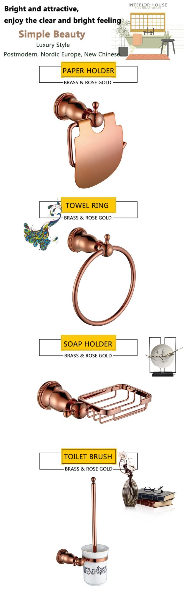 Bathroom Accessories Set Rose Gold Towel Rack Towel Ring
