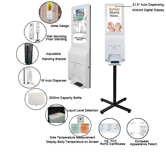 Auto Dispenser Mental Cover Hand Sanitizer Kiosk with 21.5inch Ad Player in Stock