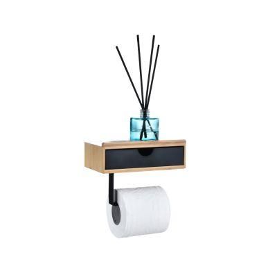 Wall Mounted Multifunction Self Adhesive Wood Toilet Paper Holder with Storage Shelf
