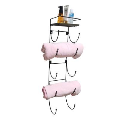 Steel Bath Towel Holder Bathroom Accessory Black Metal Wall Mounted Bathroom Towel Rack with Wooden Top Shelf